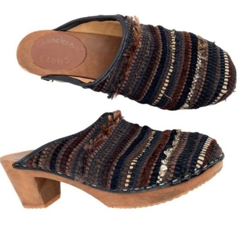 Chameleon Handmade Clogs Size 39 Outer Banks Fabric Wood Boho Casual Comfy Black